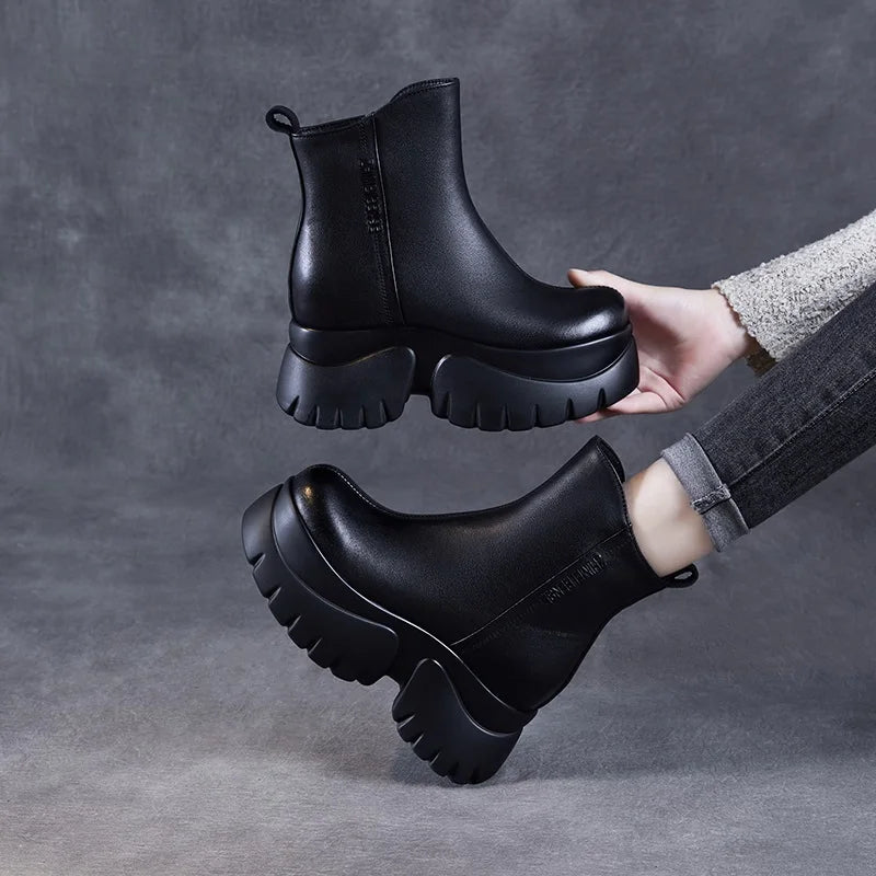 DRKANOL Women Genuine Leather Boots 2025 Autumn Winter Warm Platform Height Increasing 9.5cm High Heel Retro Casual Ankle Boots