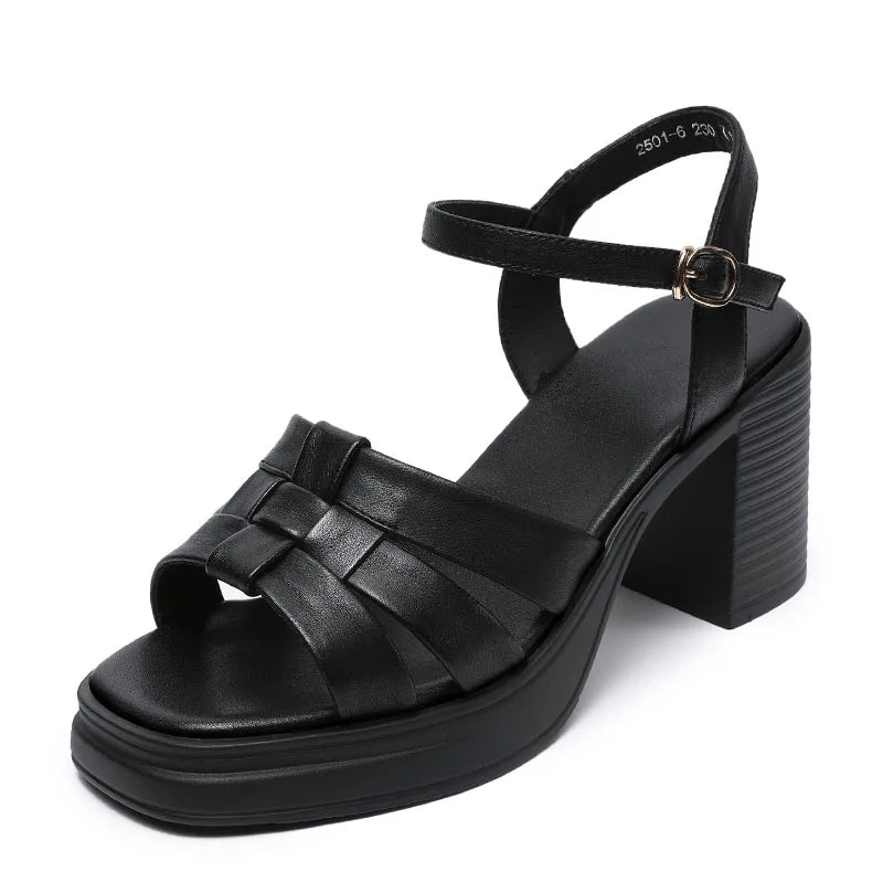 DRKANOL 2025 Fashion 8cm High Heel Sandals Women Genuine Cow Leather Weave Buckle Strap Open Toe Chunky Platform Casual Sandals