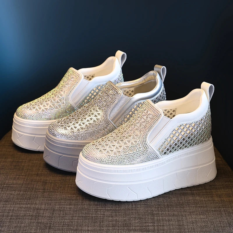 AUTUSPIN 10cm High Platform Chunky Women Breathable Synthetic Leather Crystal Ladies Shoes Summer Fashion Hollow Out Wedge Pumps
