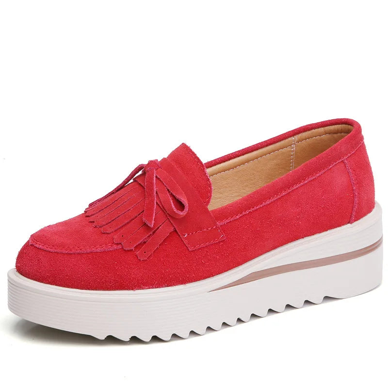 WOIZGIC Women Female Ladies Mother Cow Suede Leather Shoes Platform Flats Fringe Non Slip On Autumn Nowknot Vulcanized Shoes