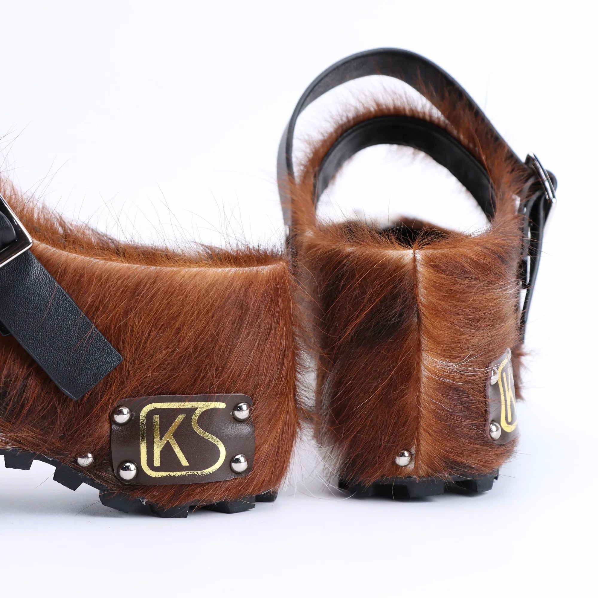 Handmade Platform Fur Clogs for Women, Arch Support Slip-On Luxury Leather Sandals with Natural Calf Hair, Studded Cowboy Style