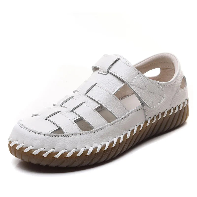 DRKANOL Fashion Women Flat Sandals Summer Shoes 100% Genuine Cow Leather Hook And Loop Hollow Soft Cow Muscle Roman Sandals Lady