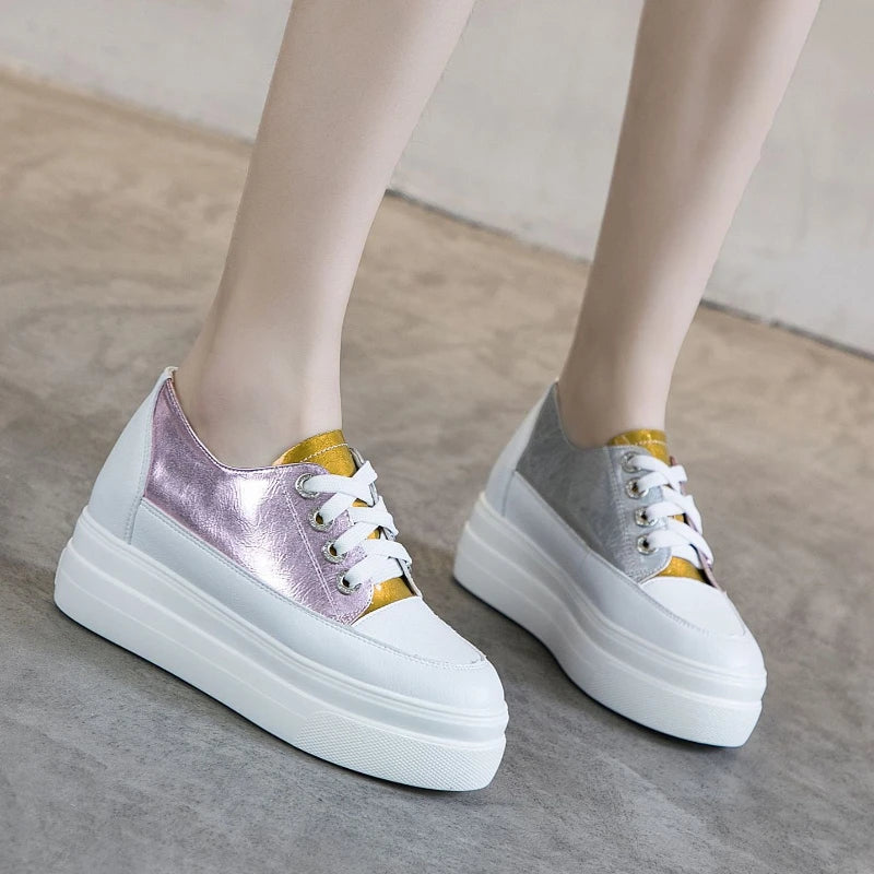 Fujin 8cm New Genuine Leather Platform Spring Autumn Chunky Sneaker Casual Hidden Women Vulcanize Comfy Summer Mixed Color Shoes