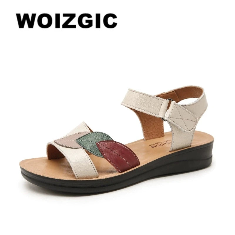 WOIZGIC Femmes Mère Dames Femmes Véritable Cuir Sandales Chaussures Plateforme Été Cool Plage Souple Imperméable Feuille Antidérapant