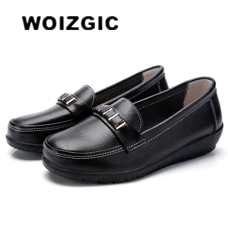 WOIZGIC Chaussures plates en cuir véritable pour femmes, mocassins à plateforme, à enfiler, grande taille 42 43 44, printemps