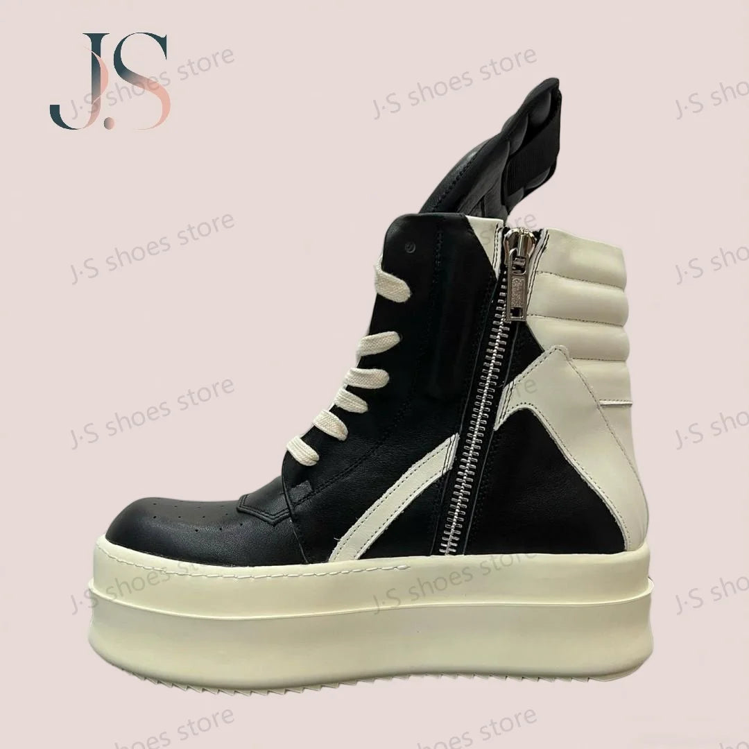 R-o Luxury Designer Men Shoe Women Sneaker Ankle Boot High Top Casual Shoes Black Leather Zipper 6cm Thick Sole Sneakers Boots