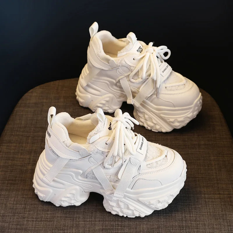 Fujin 9.5cm Women Synthetic Leather Spring Chunky Sneakers  Winter Plush Fashion Ankle Booties Autumn Platform Wedge Flats Shoes