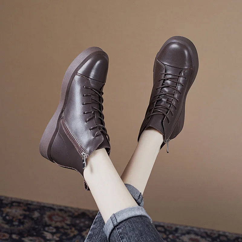 DRKANOL 2025 Fashion Women Flat Ankle Boots 100% Cow Genuine Leather Round Toe Autumn Winter Warm Casual Short Boots Black Brown