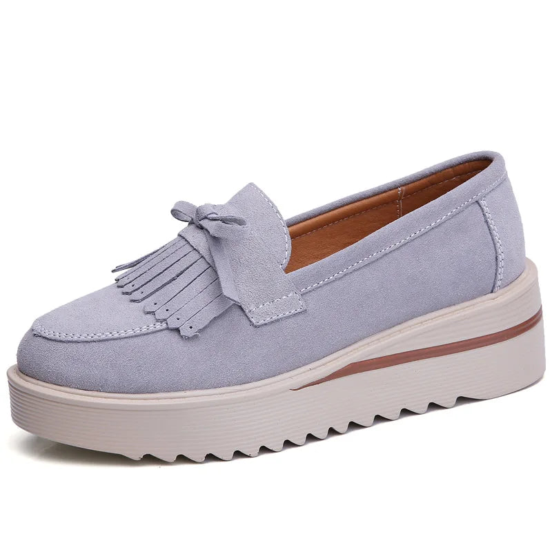 WOIZGIC Women Female Ladies Mother Cow Suede Leather Shoes Platform Flats Fringe Non Slip On Autumn Nowknot Vulcanized Shoes