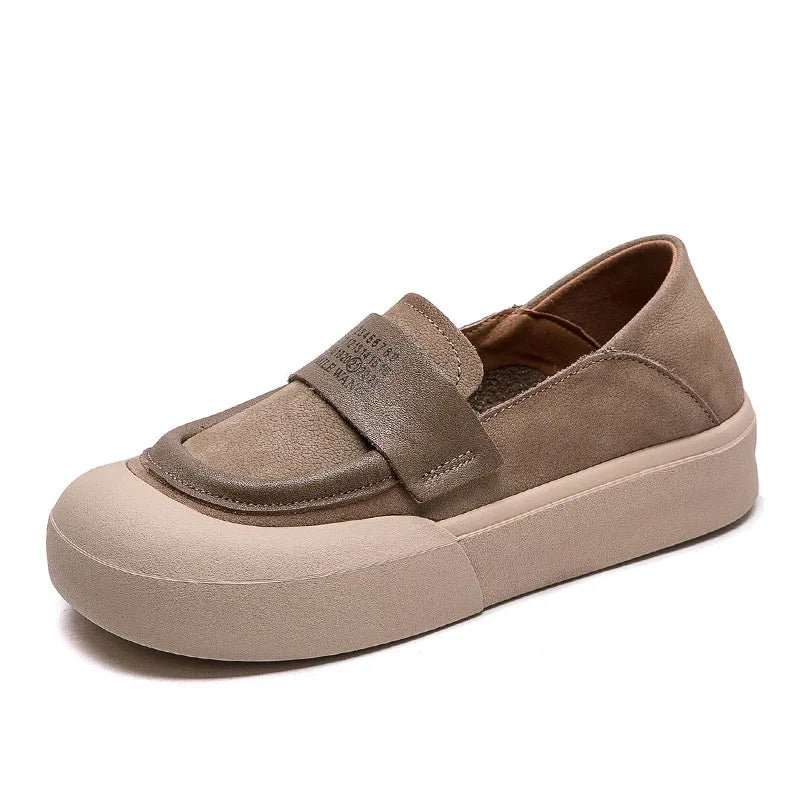DRKANOL 2025 Fashion Spring Shoes Women Slip On Flat Loafers Shallow Real Cow Leather Literary Style Thick Bottom Lazy Shoes
