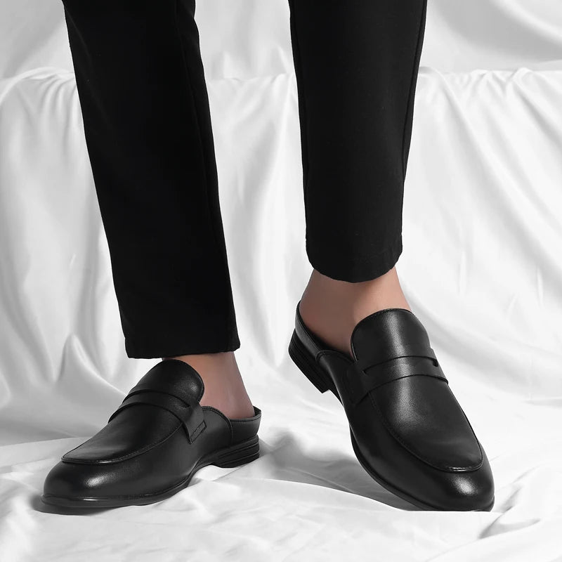 Men Leather Half Slippers Fashion Outdoor Casual Leather Shoes Soft Bottom Half Drag Genuine Leather Antiskid Walking Shoes