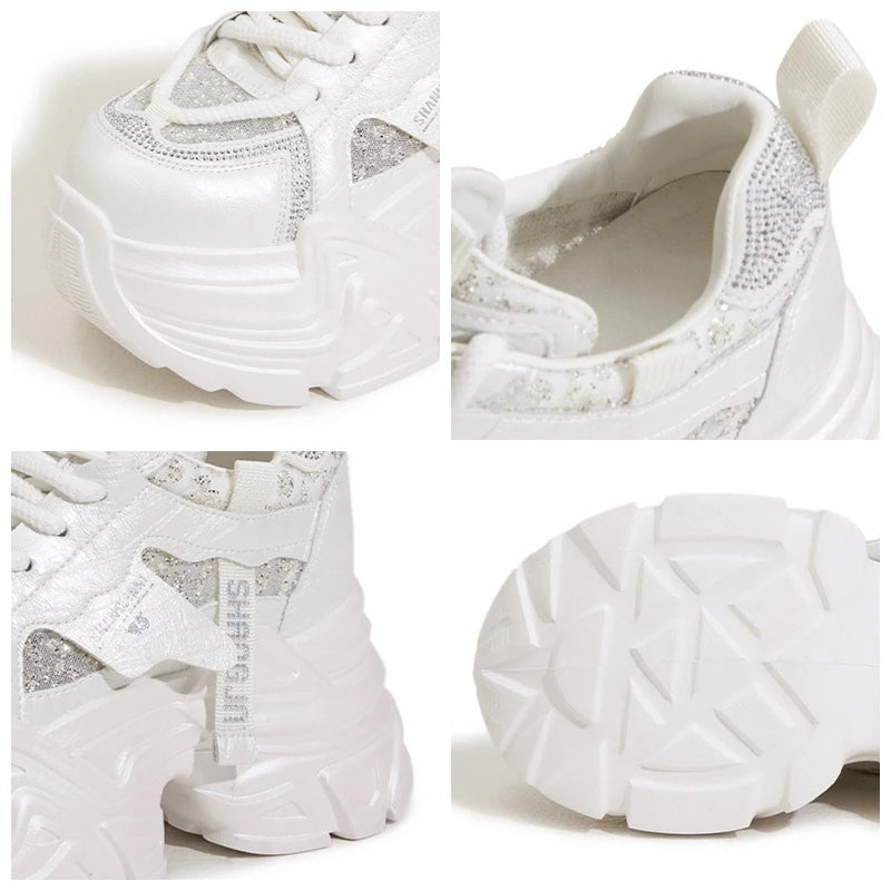 Fujin 9cm Air Mesh Microfiber Leather Bling High Brand Comfy Platform Wedge Fashion Summer Chunky Sneaker Lace Up Shoes Women