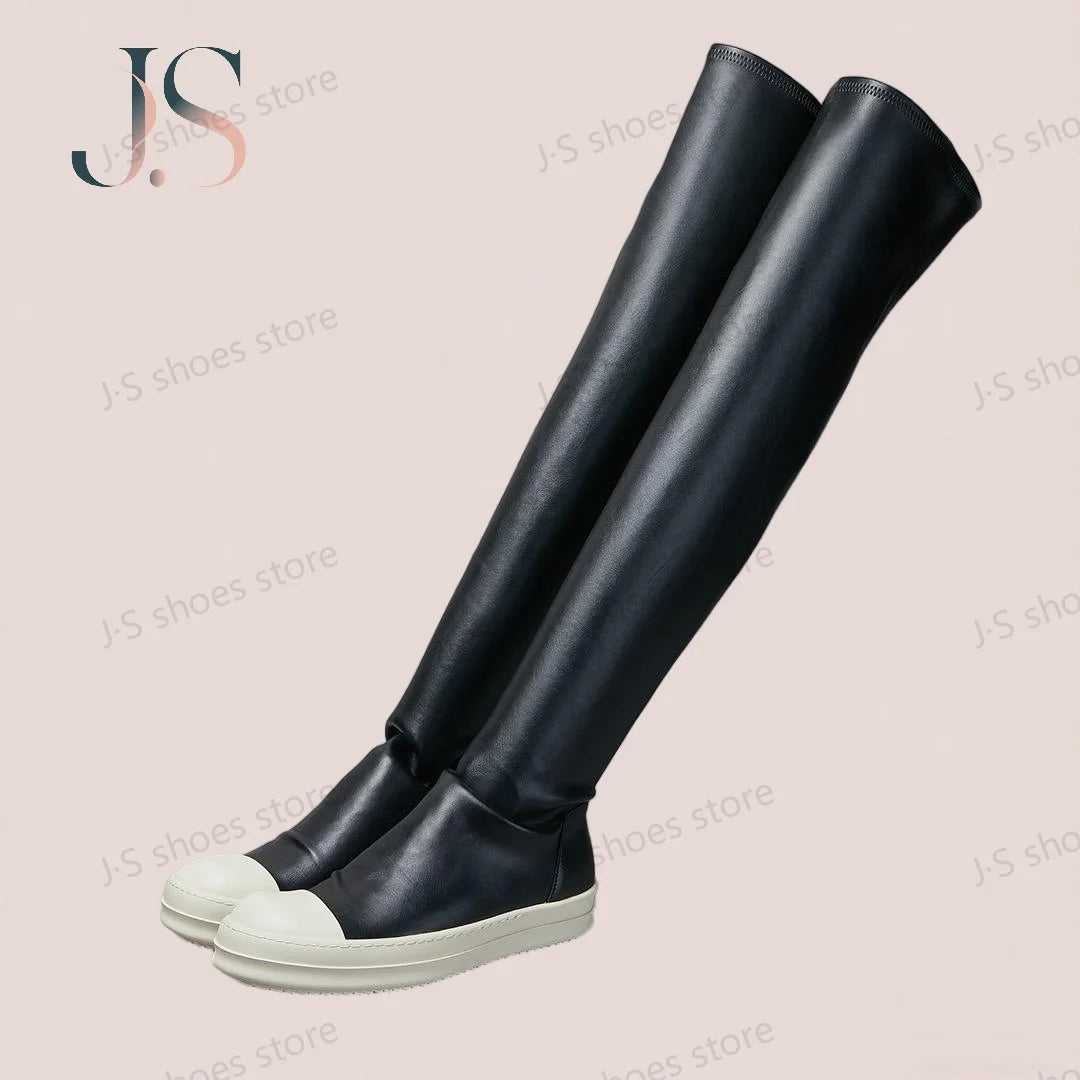 R-o Women Sneakers Cowhide Over the Knee Stretch Boots Men Black Leather Shoes Casual Shoe Footwear Winter Knee High Ankle Boot