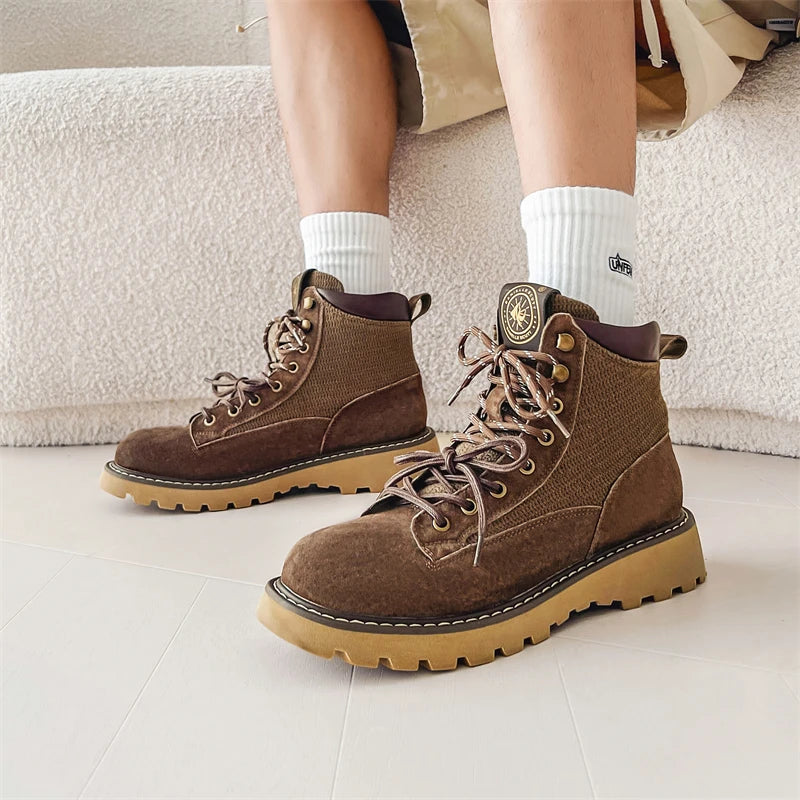 STRONGSHEN Retro Casual High Top Men Boots Genuine Leather Chunky Boot Motorcycle Ankle Boots Lace-Up Work Footwear Botas Hombre
