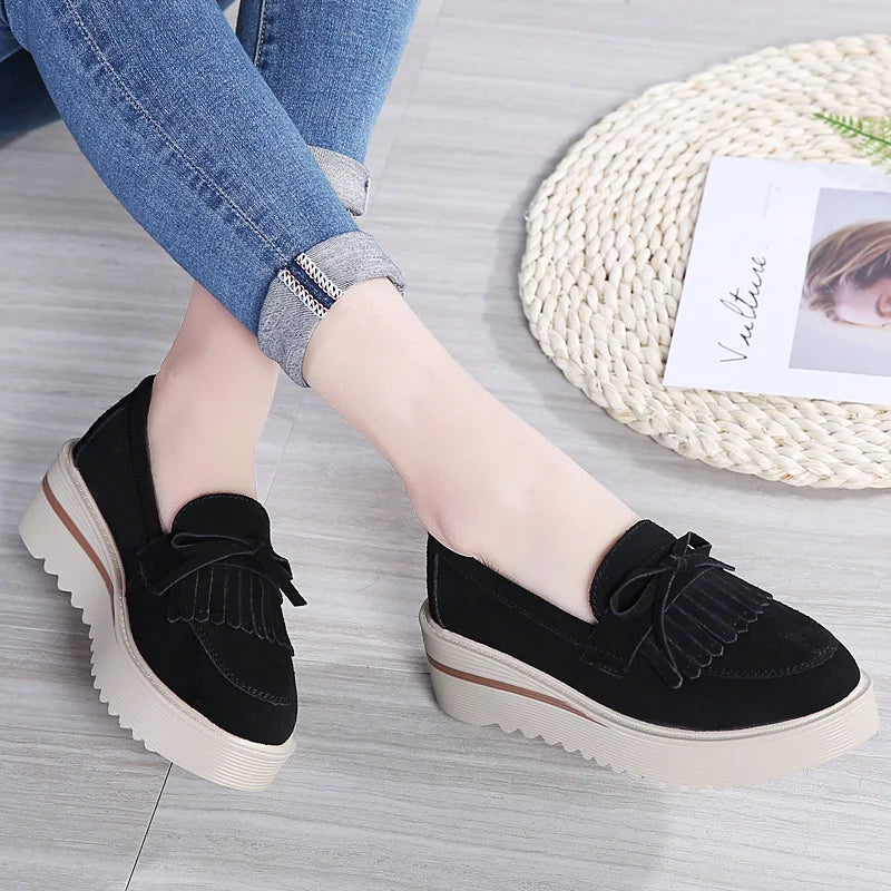 WOIZGIC Women Female Ladies Mother Cow Suede Leather Shoes Platform Flats Fringe Non Slip On Autumn Nowknot Vulcanized Shoes