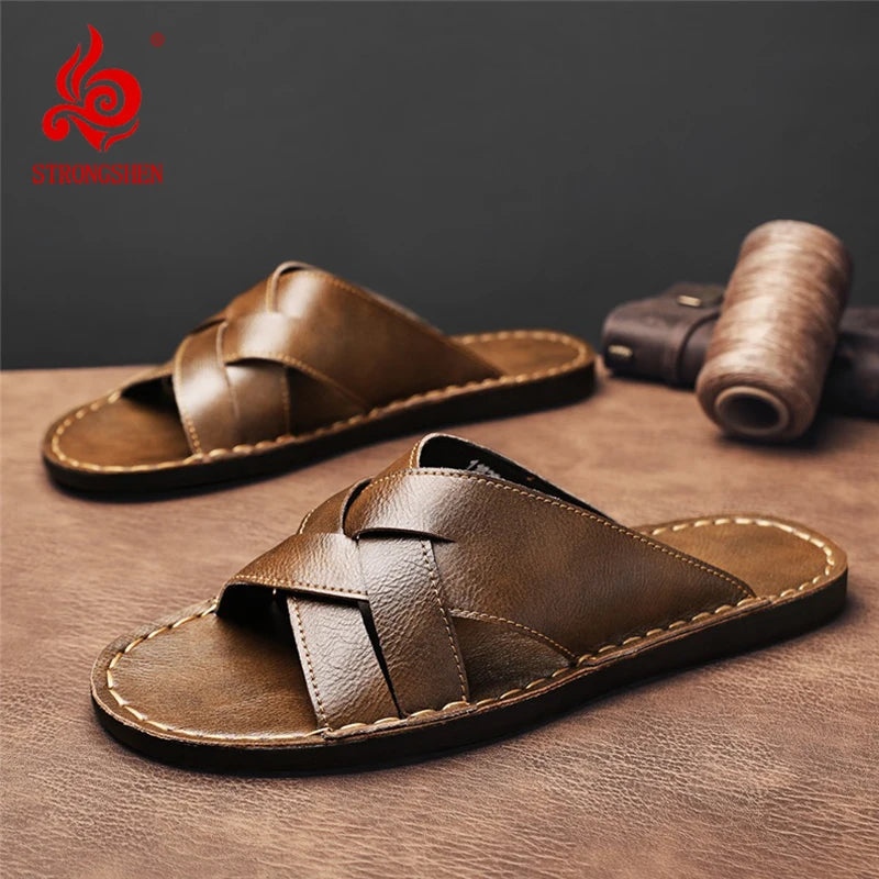 STRONGSHEN Summer Men Genuine Leather Slippers Designer Casual Slides Outdoor Beach Shoes Breathable Anti Slip Soft Sole Sandals