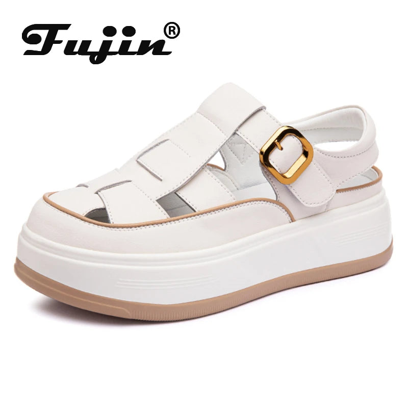 Fujin 5cm Cow Weave Genuine Synthetic Leather Pumps Platform Wedge Hook Summer Hollow Sandals Flats Women Slippers Fashion Shoes