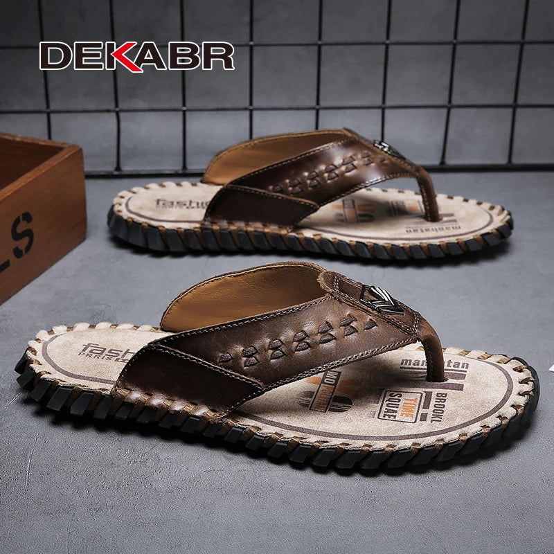 DEKABR Men's Flip Flops Fashion Genuine Leather Sweat-Absorbent Breathable Wear-Resistant Non-Slip Shoes Large Size 38-48