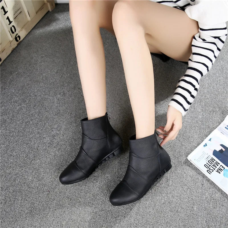 WOIZGIC Femmes Dames Femme Mère Chaussures En Cuir Véritable Plateforme Bottines Fermeture Éclair Automne Hiver Chaud Fourrure En Peluche Grande Taille