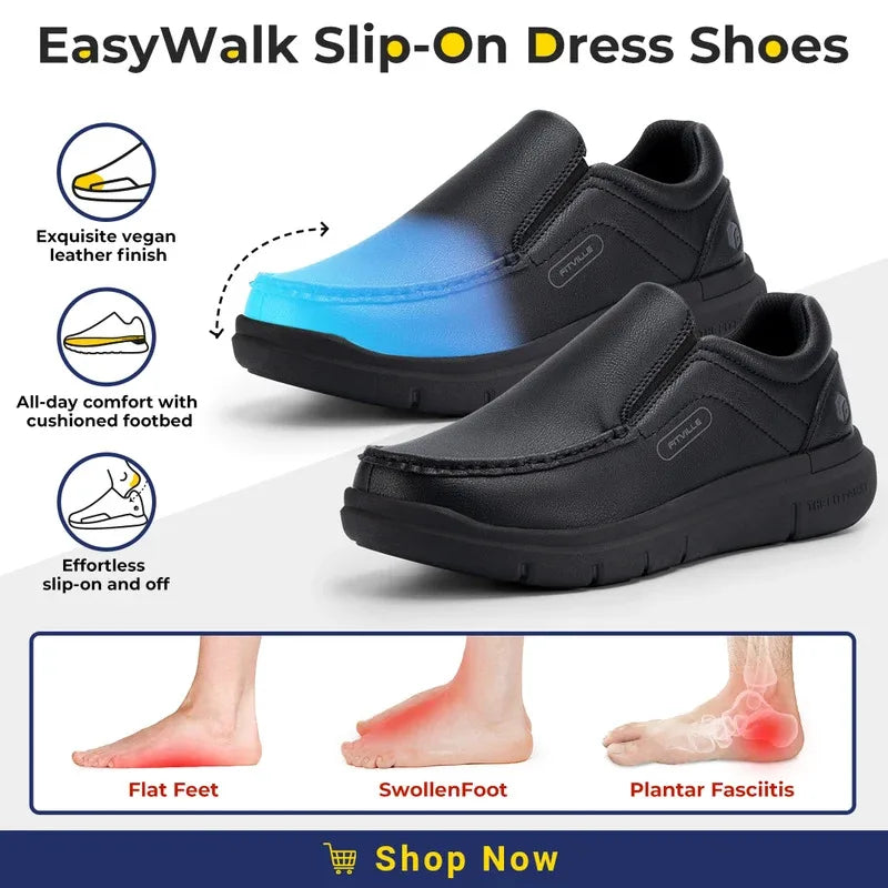 Fitville Men'S Leather Shoes Wide Width 2E Slip-On Casual Shoes Lightweight For Swollen Feet With Arch Support Pain Relief