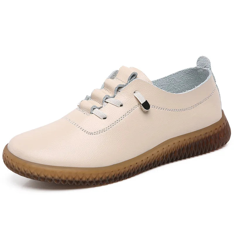 WOIZGIC Ladies Women's Female Mother Genuine Leather Vulcanized Shoes Flats Moccasin Loafers Non Slip Lace up Plus Size 41