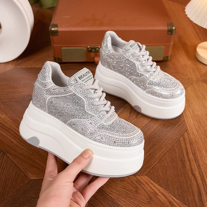 AUTUSPIN 10cm Full Crystal Women Shoes High Internal Increased Height Woman Shoes Fashion Shiny Rhinestones Platform Sneakers