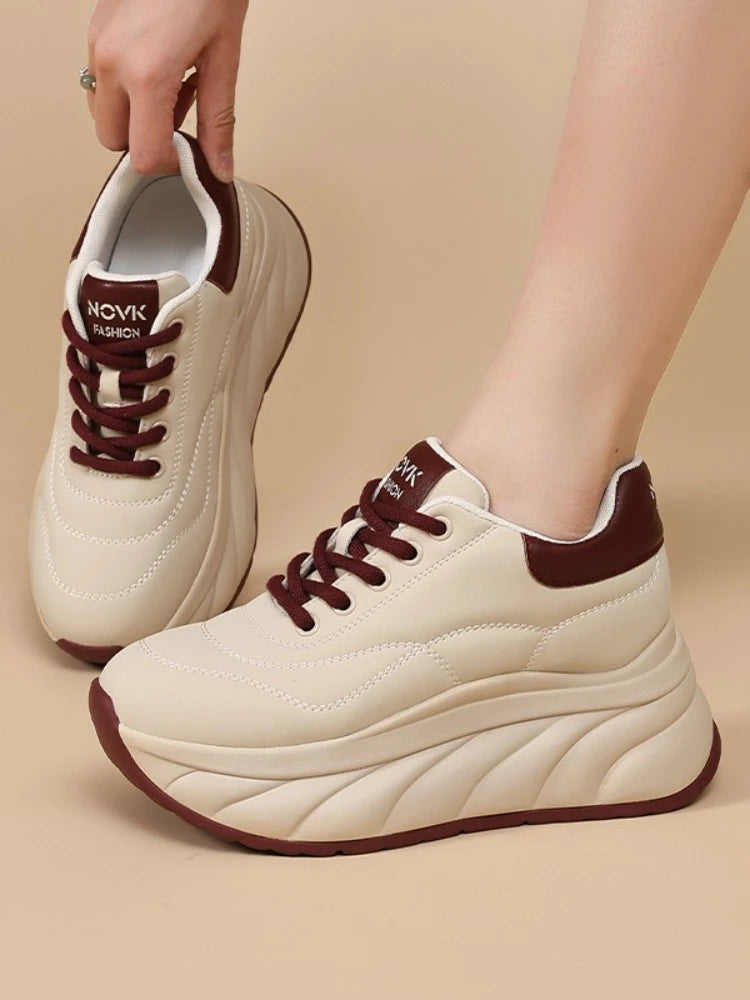 Fujin 8cm Genuine Leather Chunky Sneakers for Women Platform Sneakers Heel Wedge Women Casual Shoes  Slip on Female Summer Shoes