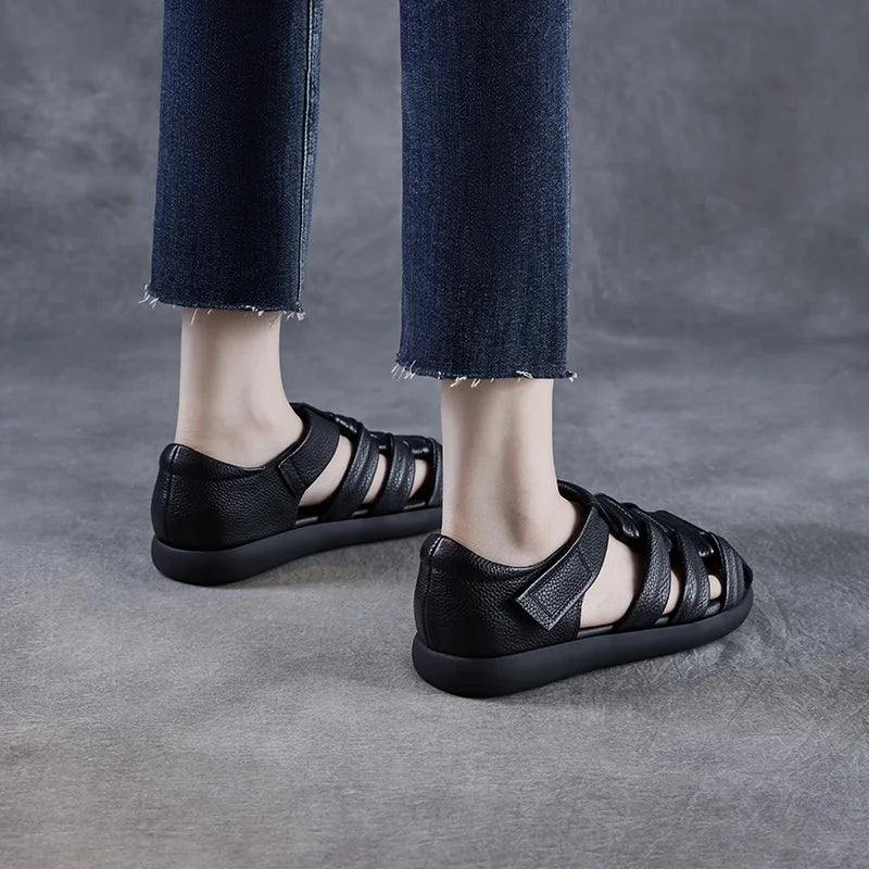 DRKANOL2025 Roman Sandals For Women Summer Handmade Woven Shoes Retro Style Genuine Cow Leather Soft Sole Casual Flat Sandals