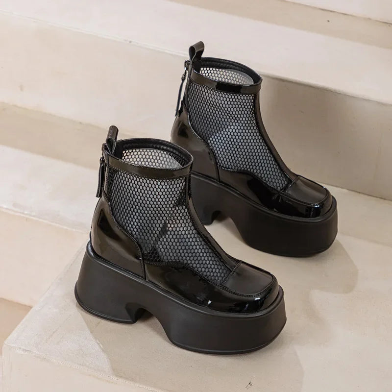 Fujin 11cm Air Mesh Patent Leather Boots Chimney Summer Motorcycle Sandals Hollow Ankle Booties Women Moccasins Fashion Shoes