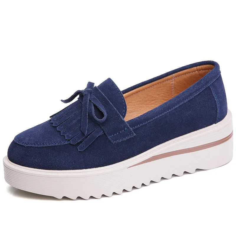 WOIZGIC Women Female Ladies Mother Cow Suede Leather Shoes Platform Flats Fringe Non Slip On Autumn Nowknot Vulcanized Shoes