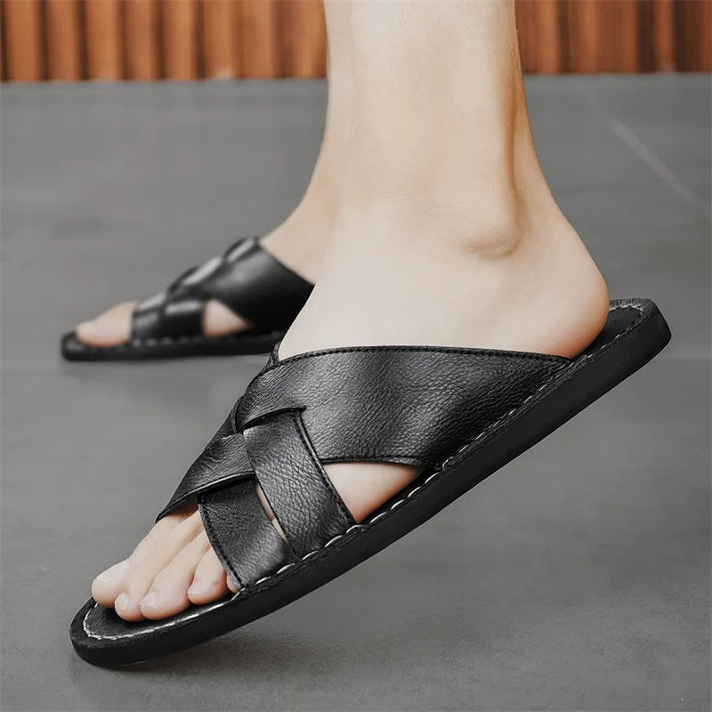 STRONGSHEN Summer Men Genuine Leather Slippers Designer Casual Slides Outdoor Beach Shoes Breathable Anti Slip Soft Sole Sandals