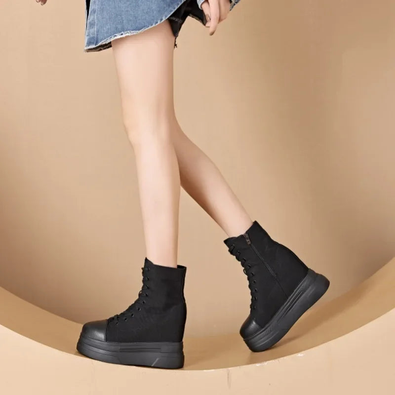 Fujin 14cm New Denim Women Autumn Spring Hidden High Synthetic ZIP Ankle Booties Flats Platform Wedge Ankle Boots Fashion Shoes