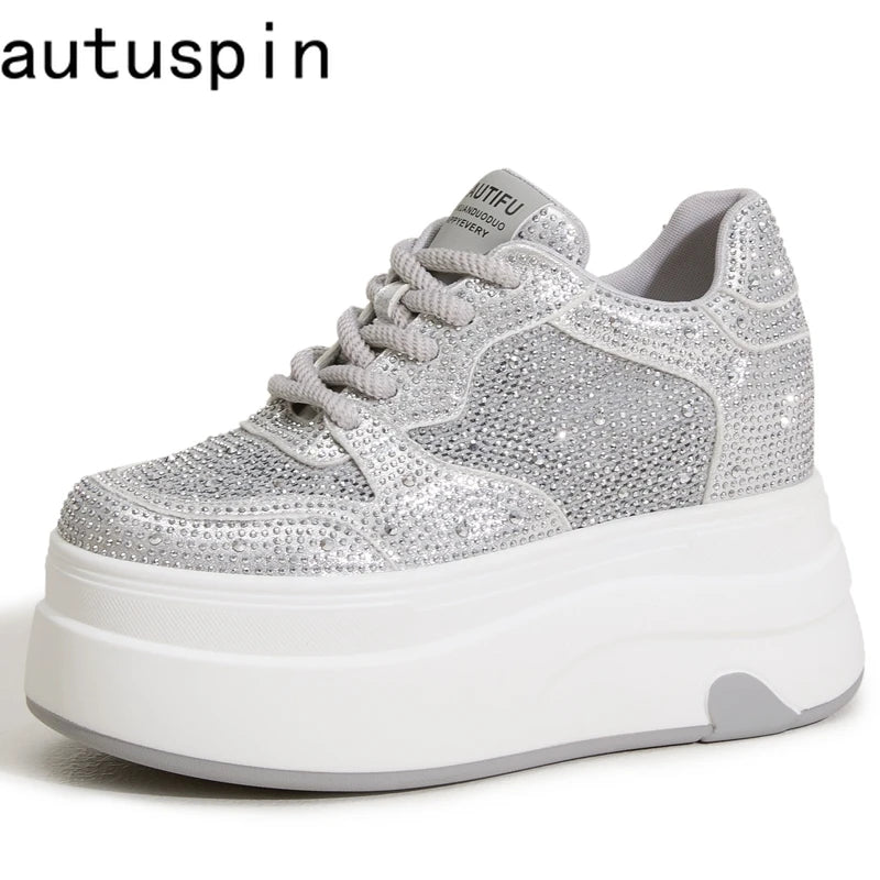 AUTUSPIN 10cm Full Crystal Women Shoes High Internal Increased Height Woman Shoes Fashion Shiny Rhinestones Platform Sneakers
