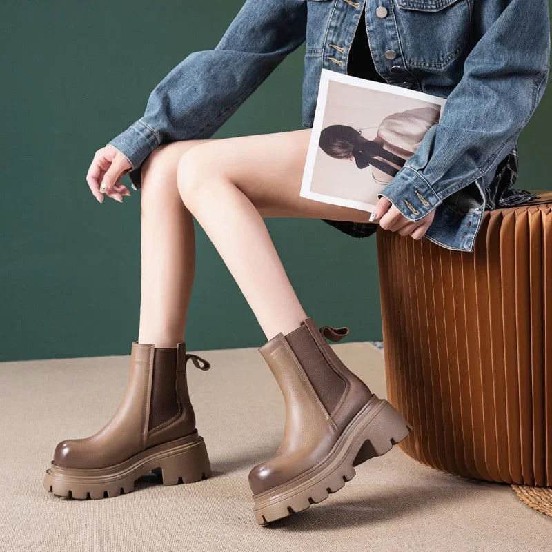 Fujin 8cm New ROME Genuine Leather Ankle Motorcycle Chelsea Booties Women Autumn Ladies Elastic Spring Arch Support Stable Shoes