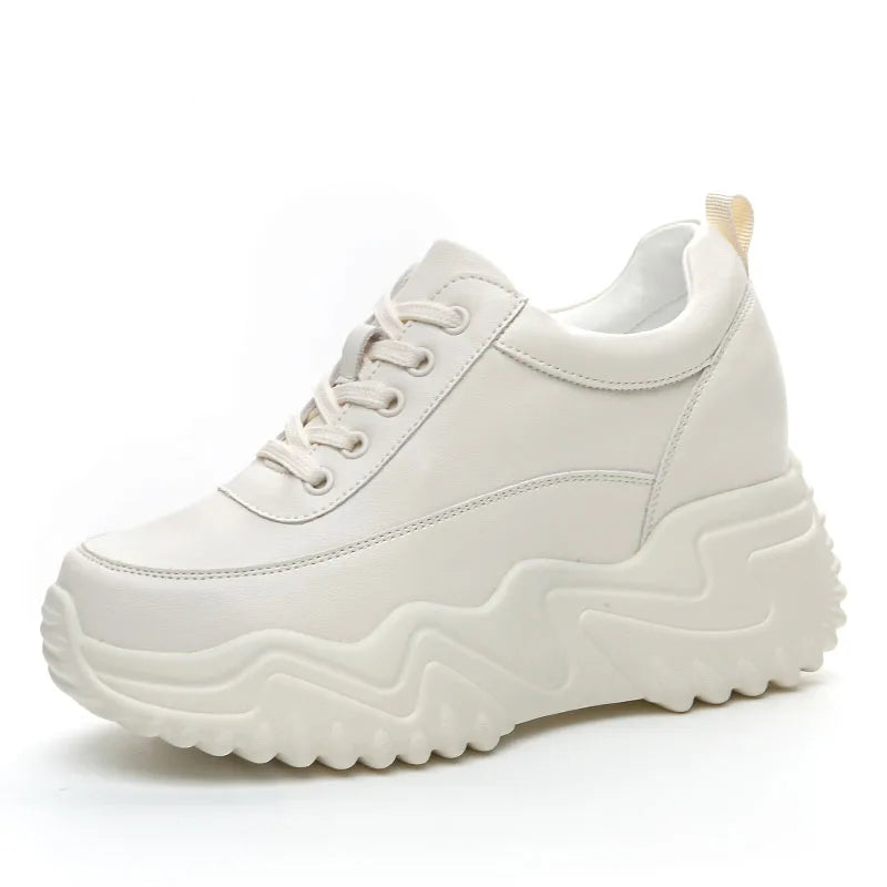 DRKANOL Fashion Platform Casual Sneakers Women Real Cowhide Thick Sole Wedges Heel Height Increasing Solid Color White Shoes