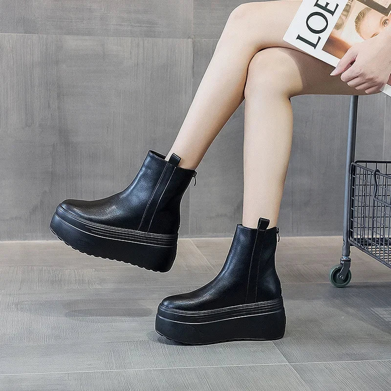 fujin Geunine Leather Super Thick Sole Women's Boots Genuine Leather Autumn Motorcycle Boots Ladies British Women's Ankle Boots