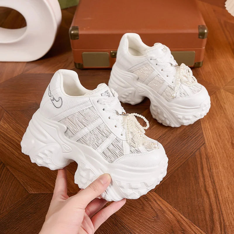 AUTUSPIN 10cm Height Increasing Summer Shoes for Women 2025 Fashion Breathable Lace Synthetic Leather Leisure Sports Sneakers