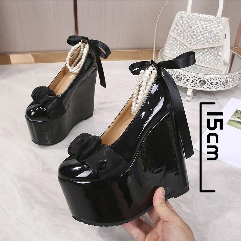 Fujin 15cm 12cm 10cm Sweet High Heel Platform Shoes Wedge Heels Pumps Women Shoes Bride Wedding Rhinestone White Shoes Elegant