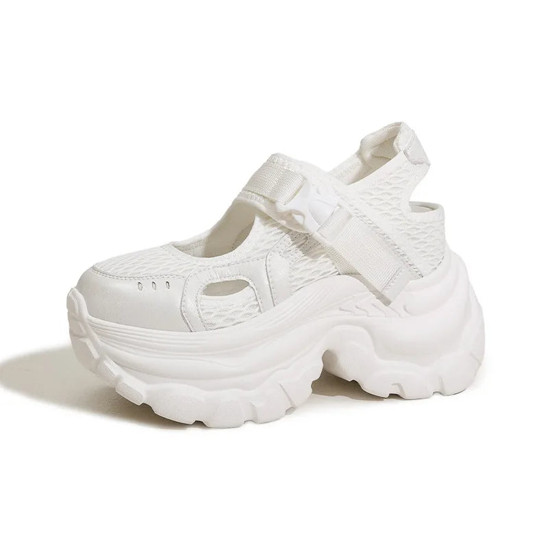 Fujin 9cm Air Mesh Microfiber Leather High Brand Comfy Platform Wedge Fashion Summer Chunky Sneaker Buckle Mary Jane Shoes Women