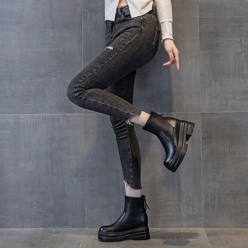 DRKANOL 2025 Autumn Winter Warm Platform Ankle Boots For Women 9cm Thick High Heel Height Increasing Zipper Black Cotton Boots