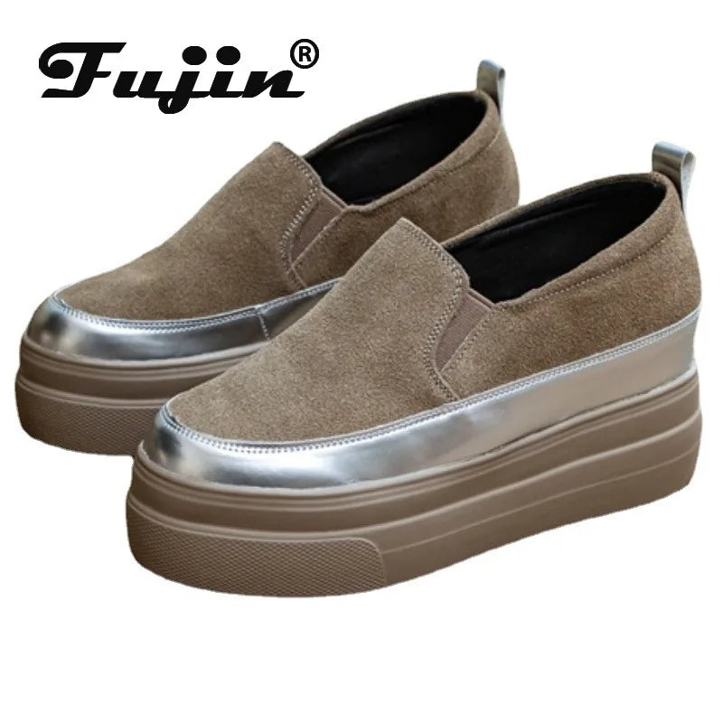 Fujin 8cm Genuine Leather Synthetic Cow Suede Platform Wedge Casual Summer Chunky Sneaker Pumps Comfy High Brand Autumn Shoes