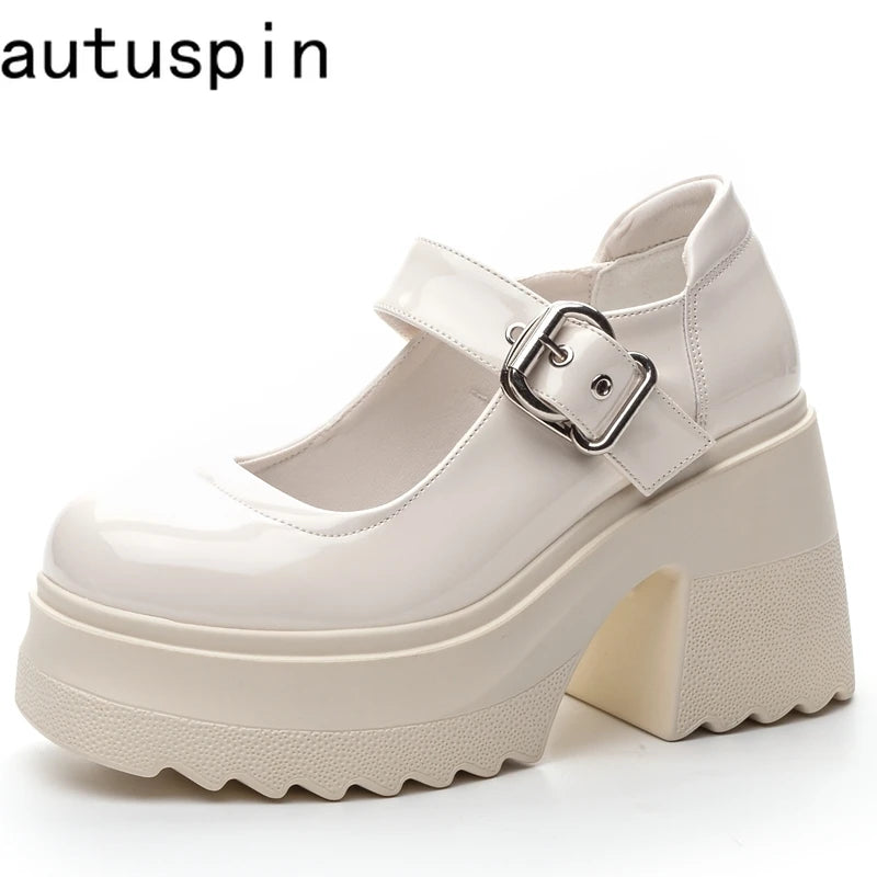 AUTUSPIN 10cm Chunky Heels Mary Janes Shoes Women Summer Autumn Buckle Pumps Female Students Party Wedding Platform High Heels