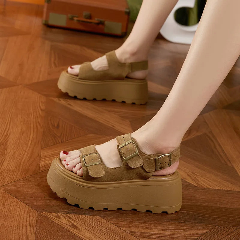 Fujin 7cm 2025 Suede Leather High Brand Platform Wedge Flats Summer Chunky Sneaker Sandals Comfy Peep Toe Fashion Shoes Women