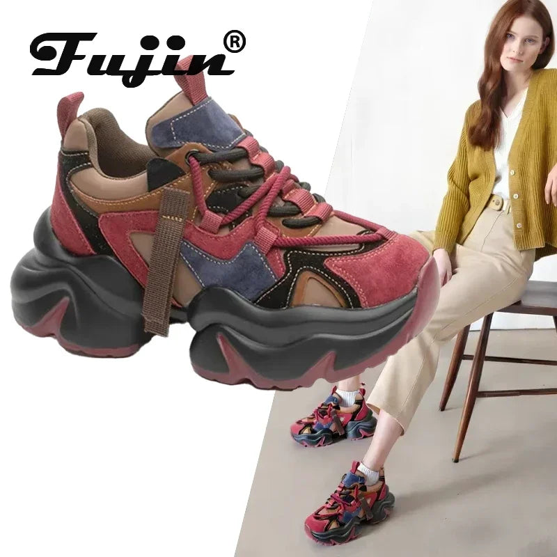 Fujin 5.5cm Genuine Leather Chunky Sneaker Loafer Plush Spring Warm Autumn Ankle Booties Women Platform High Brand Winter Shoes