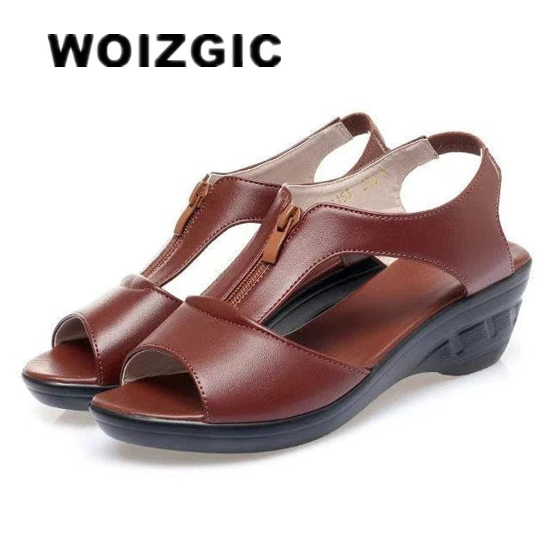 WOIZGIC Femmes Vieille Mère Dames Femmes Sandales Plateforme Chaussures En Cuir PU Antidérapant Plage Été Cool Fermeture Éclair Taille 35-41 PGP-1153