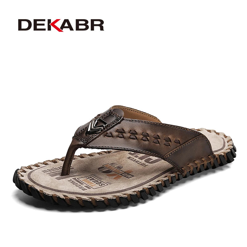 DEKABR Men's Flip Flops Fashion Genuine Leather Sweat-Absorbent Breathable Wear-Resistant Non-Slip Shoes Large Size 38-48