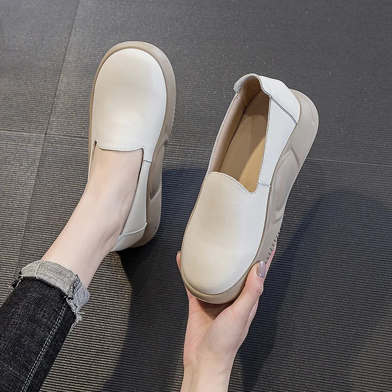 DRKANOL Women Slip On Loafers Solid Color Genuine Leather Shallow Flat Platform Shoes Spring Summer Lightweight Single Shoes