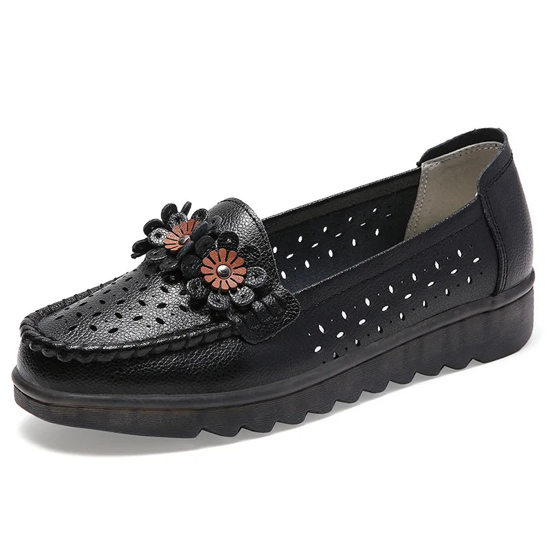 WOIZGIC Femmes Femmes Dames Mère Chaussures En Cuir Véritable Appartements Mocassins Plateforme Creux Sans Lacet Été Cool Fleurs Mocassins