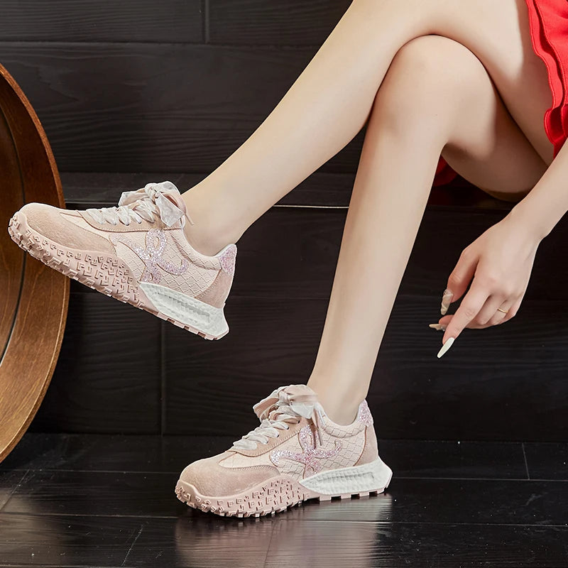 AUTUSPIN Women's Summer Shoes Fashion Genuine Leather Ladies Casual Sneakers Outdoor Non-slip Leisure Students Shoes Lace-up
