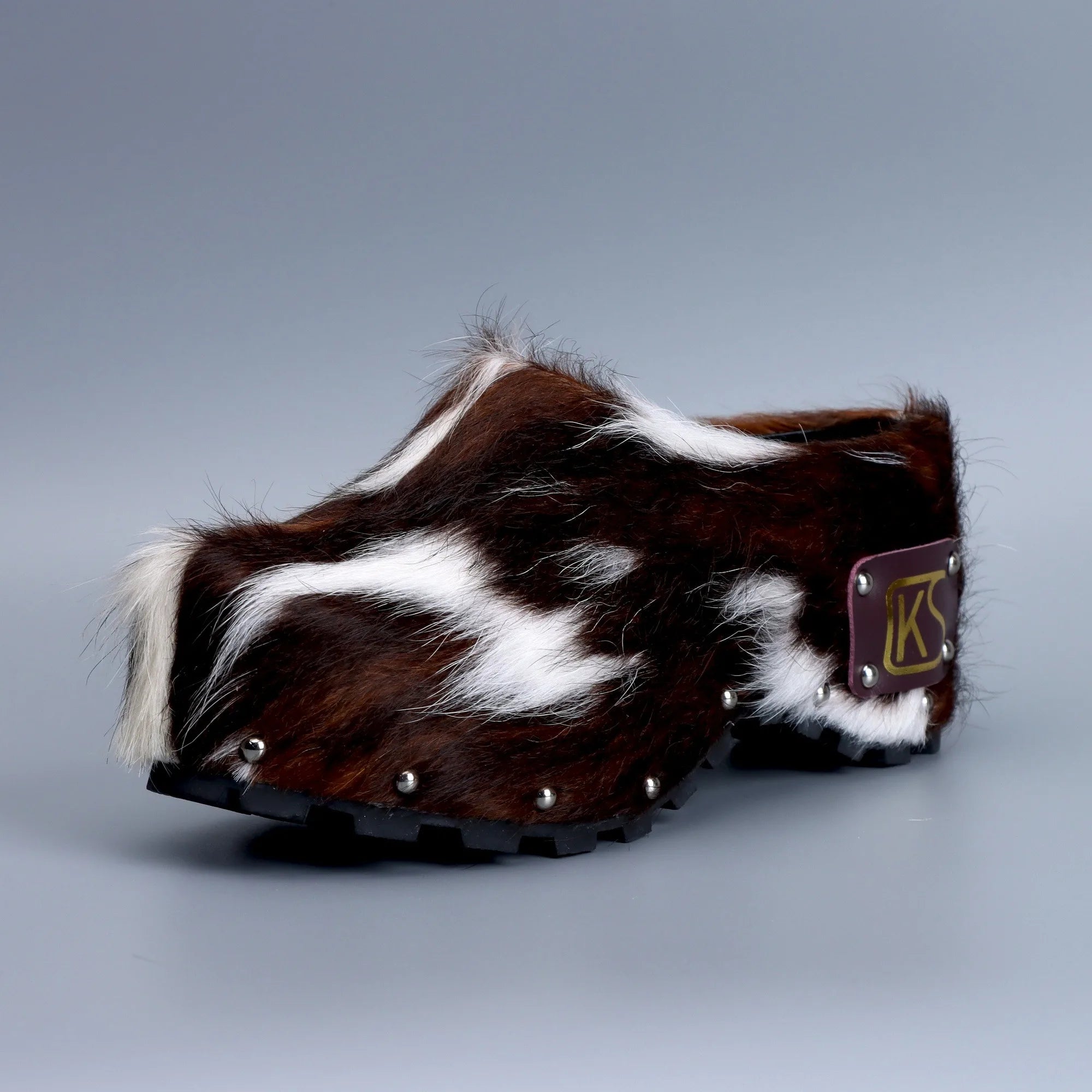 Handmade Luxury Studded Platform Fur Slippers with Natural Calf Hair,Leather Lining & Memory Foam Arch Support Clogs for All-Day